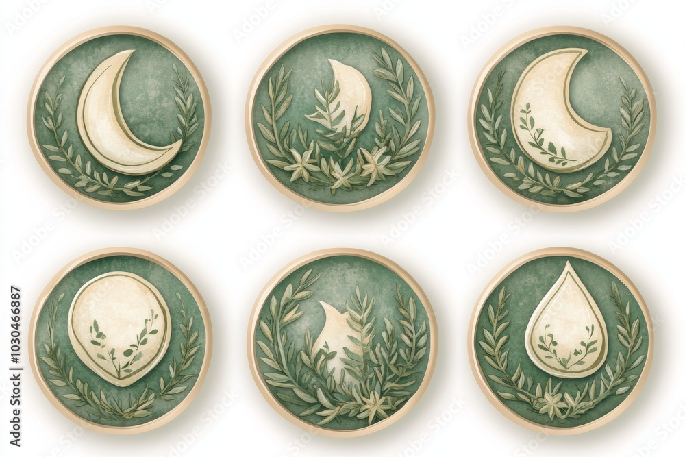 Poster set of decorative plates featuring moon phases and botanical patterns symbolizing nature celestial t