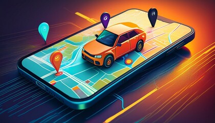 A futuristic city map with a car and a pin on a smartphone.