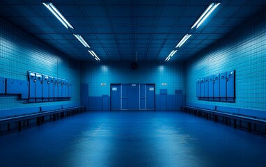 Obraz premium A blue tiled room with fluorescent lighting, featuring lockers and benches, creates a minimalist and cool aesthetic.