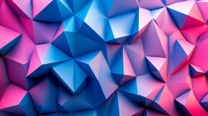 Obraz premium Vibrant 3D pattern of blue and pink trapeziums, arranged in a symmetrical layout with sharp edges and soft reflections, creating dynamic depth
