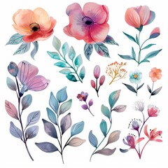 Watercolor Pastel Floral Graphics on White Background for Spring Design Generative AI
