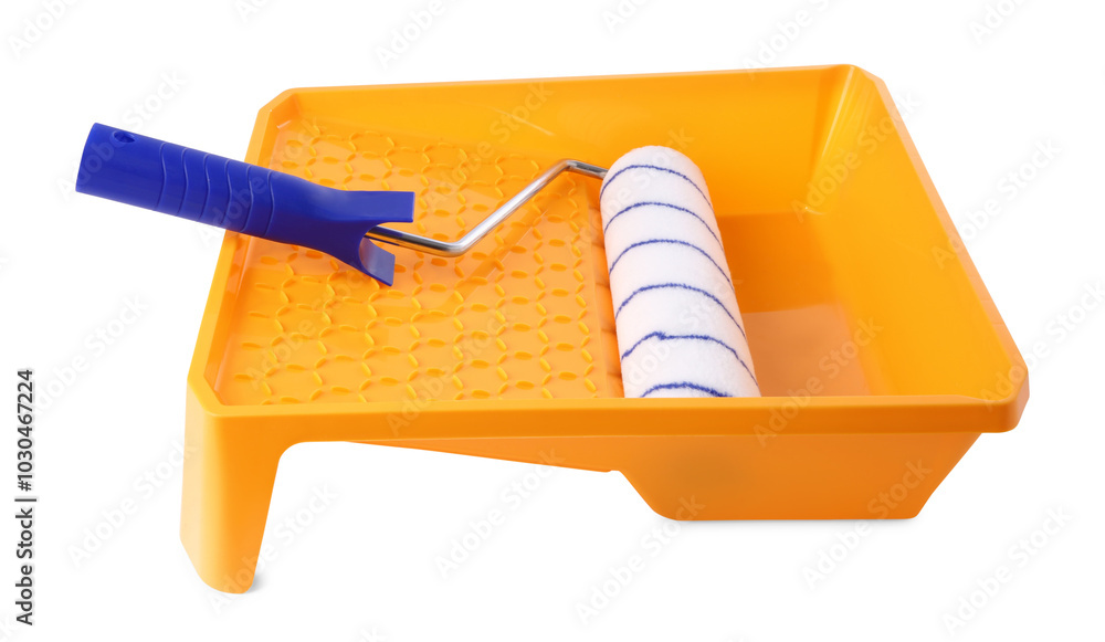 Canvas Prints Paint roller brush and yellow plastic tray isolated on white. Construction tool