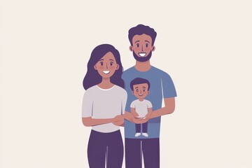 Family of three standing together symbolizing love unity and familial bond in a simple minimalistic design with soft tones and a plain background