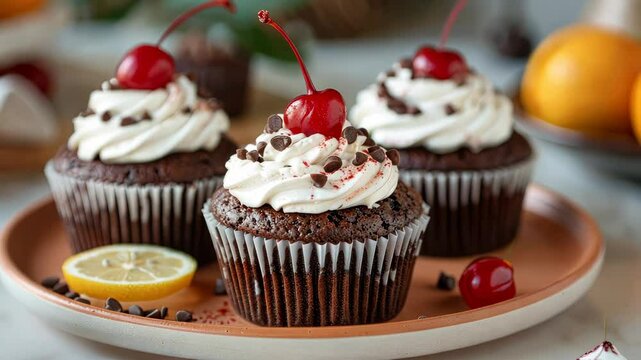 Chocolate cupcakes topped with whipped cream and cherries are ready to be eaten