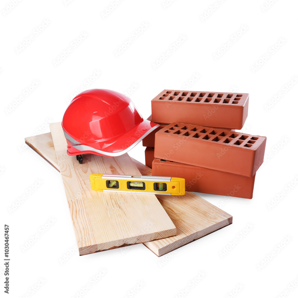 Poster Wooden planks, orange hard hat, building level and red bricks isolated on white. Construction tools