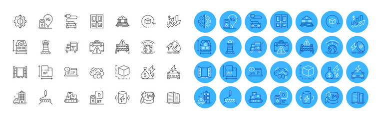 Warning briefcase, Charge battery and Paint roller line icons pack. Inventory cart, Wholesale goods, Construction building web icon. Co2, Diesel station, Warning road pictogram. Door. Vector