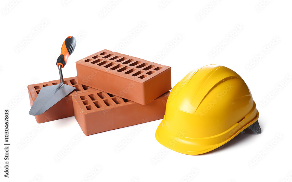 Canvas Prints Red bricks, hard hat and trowel on white background