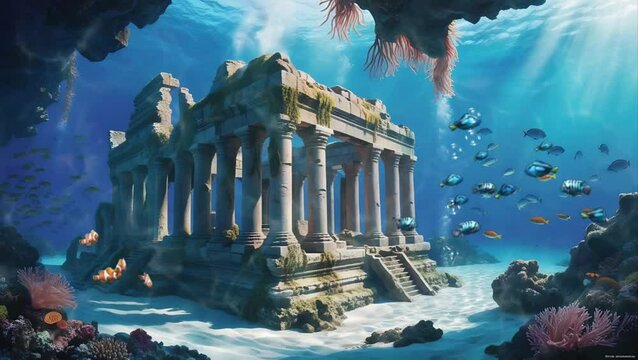 A temple ruin at the bottom of the sea. Seamless 4K looping timelapse video animation background