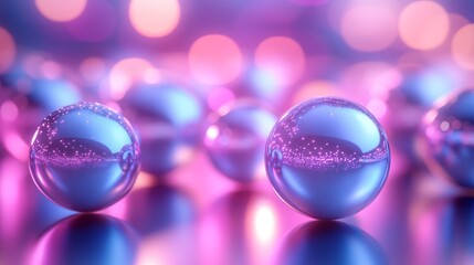 Vibrant metallic glass spheres scattered on a reflective surface, glowing in neon pink and blue, abstract lighting, photorealistic, soft focus, futuristic surrealism, 3D rendered