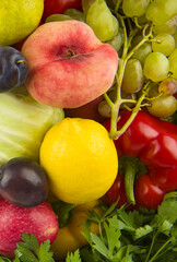 Assorted fresh ripe fruits and vegetables. Food concept background.