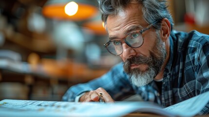 A thoughtful man studies a newspaper while surrounded by warm lighting in a cozy coffee shop. Generative AI