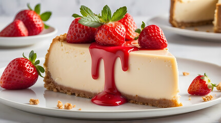 Classic Cheesecake Slice with Fresh Strawberries and Red Berry Sauce