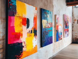 Bright and colorful modern art exhibition in a spacious gallery with polished floors