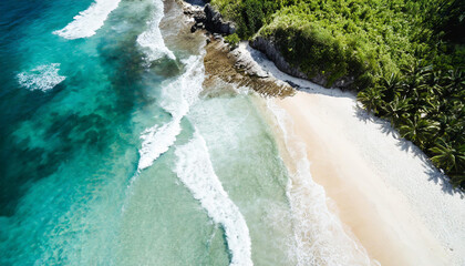 Relaxing aerial beach, summer vacation tropical landscape. Blue ocean lagoon, sea shore coastline.