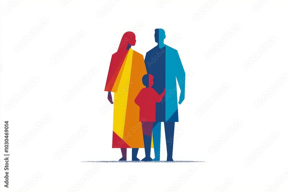 Poster minimalistic family silhouette of three in bright colors symbolizing unity protection and connection