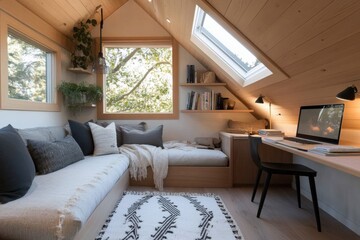 A compact workspace in an attic includes a window, sectional sofa bed, desk with laptop, and shelves, exuding comfort and productivity in a wooden setting.