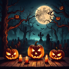 Fototapeta premium Halloween pumpkin head jack lantern with burning candles, Spooky Forest with a full moon and wooden table, Pumpkins In Graveyard In The Spooky Night - Halloween Backdrop. Ai Generative