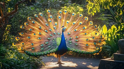 Obraz premium Stunning Peacock Spreading Feathers in a Sunlit Garden
