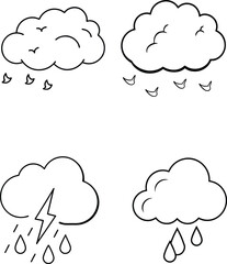 Four Weather Clouds with Rain, Lightning, and Birds