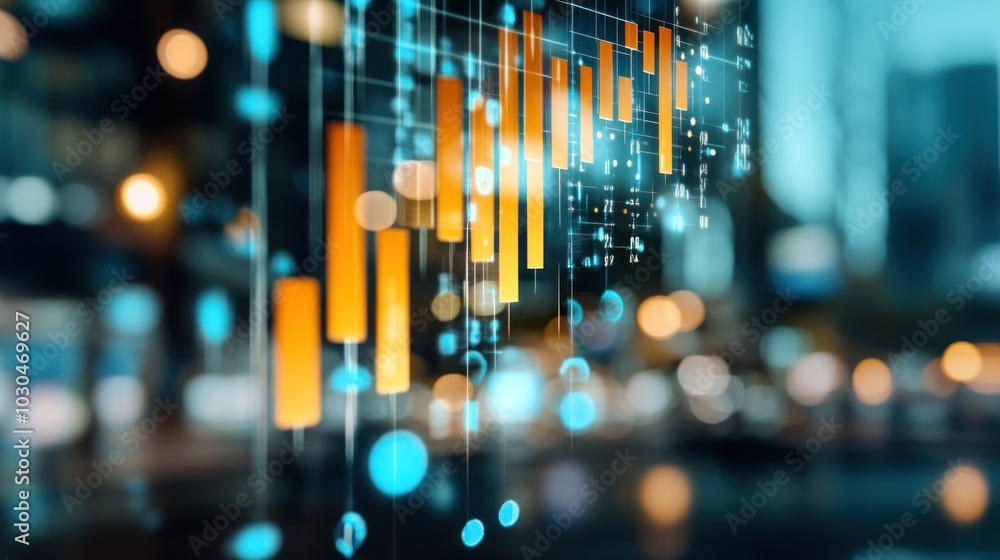 Poster abstract data visualization with bars and dots over a city backdrop.