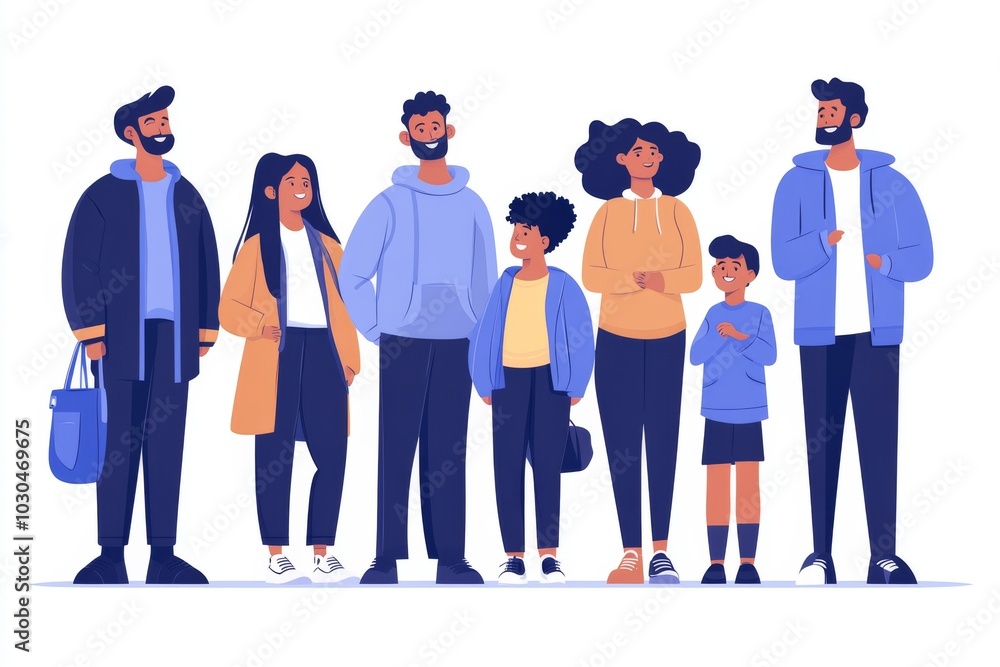 Poster large family standing together symbolizing unity connection and togetherness in a simple modern vect