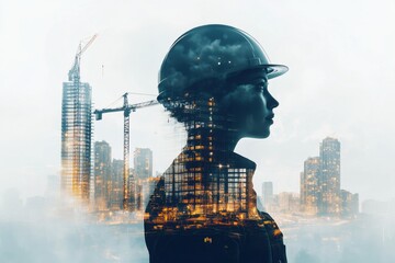 Double exposure of an engineer in safety gear fused with towering cranes and a construction site in the city
