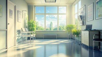 A spacious doctor's office with large windows allowing natural light