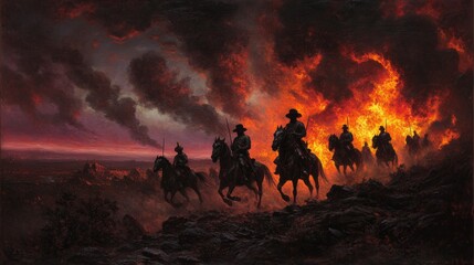 Fototapeta premium Silhouettes of Horsemen Riding Through Fire and Smoke