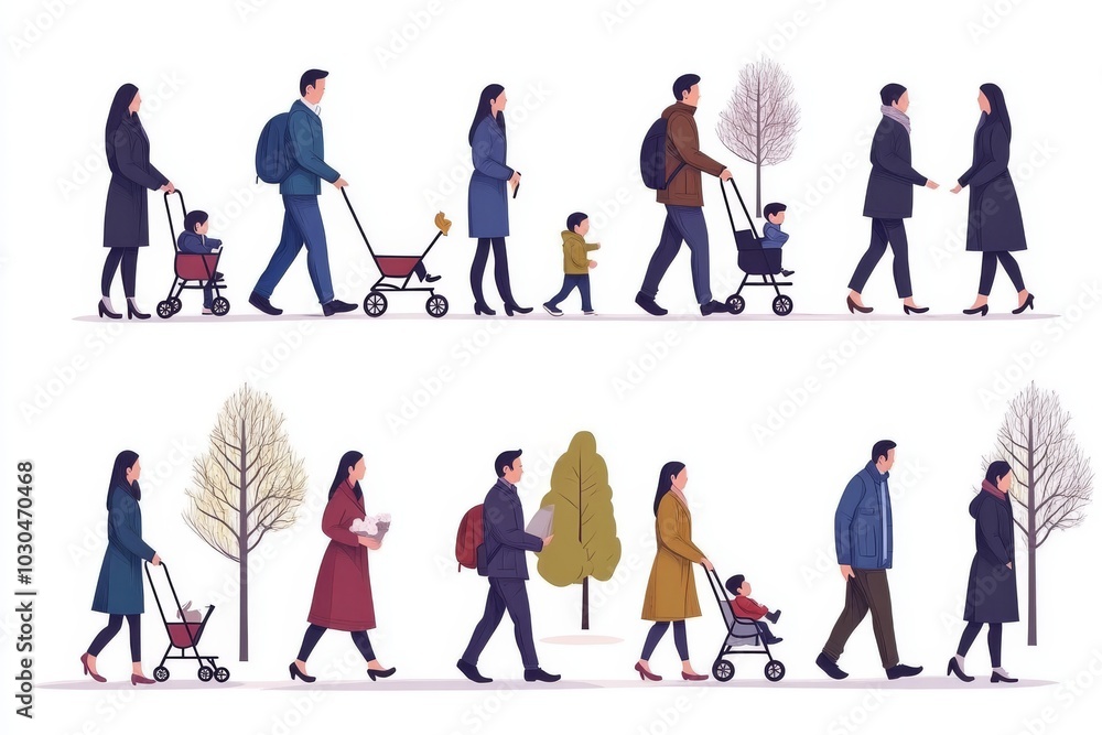Poster group of people walking in winter symbolizing togetherness seasonal change and movement in a minimal