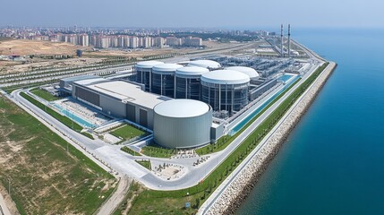 Obraz premium Aerial View of Modern Industrial Complex on Coastline with Large Storage Tanks