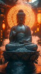 Fototapeta premium Buddha Statue with Lotus Flower and Bling Circles on a Bright Background Generative AI