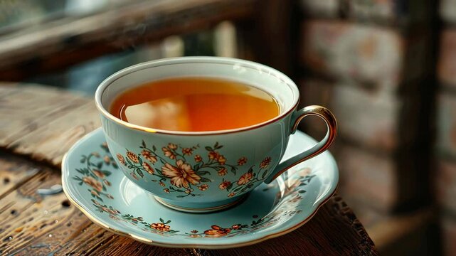 A steaming cup of tea sits on a wooden table, ready to be enjoyed