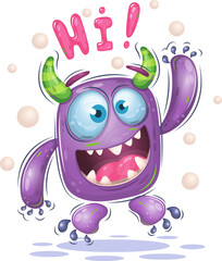 Cheerful cartoon monster. Illustration of a cute cheerful monster with a greeting. Positive and unique design.