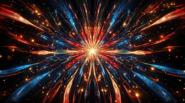 An intricate firework design with layered bursts of red, blue, and gold, isolated on a black background