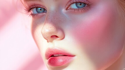Closeup Portrait of Woman with Blue Eyes and Pink Blush