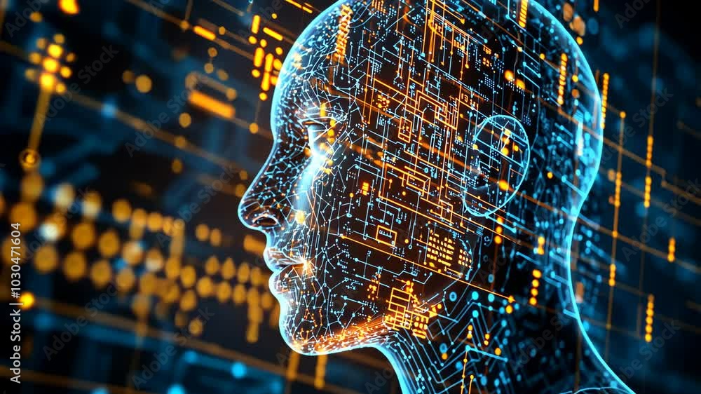 Poster a digital rendering of a human head formed from circuit boards and data