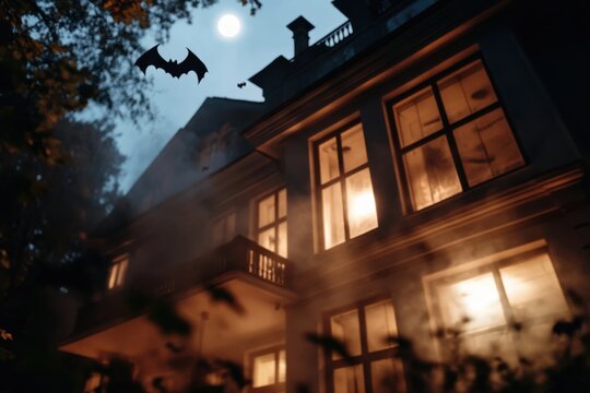 A spooky, gothic mansion glows under the moonlight with a bat soaring overhead, creating an eerie and mysterious atmosphere for the viewer.