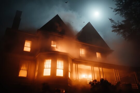Smoke billows from the glowing windows of a haunted house, set against a moonlit sky, enhancing the spooky and unsettling feel of the environment.