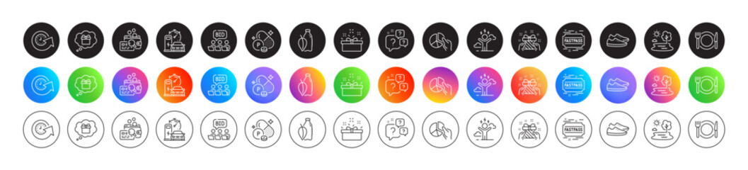 Restaurant food, Online auction and Inspect line icons. Round icon gradient buttons. Pack of Charging station, Update time, Water bottle icon. Shoes, Phosphorus mineral, Lake pictogram. Vector