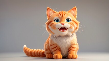A cute cartoon-style smiling orange tabby ginger cat with blue eyes. Happy kitten friendly animal pet 3d cartoon illustration.