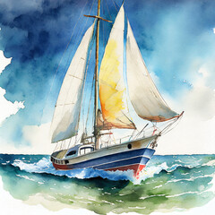 Fototapeta premium Watercolor sailboat in ocean waves. Yacht adventure mood. Luxury travel and tourism. Summer vacation