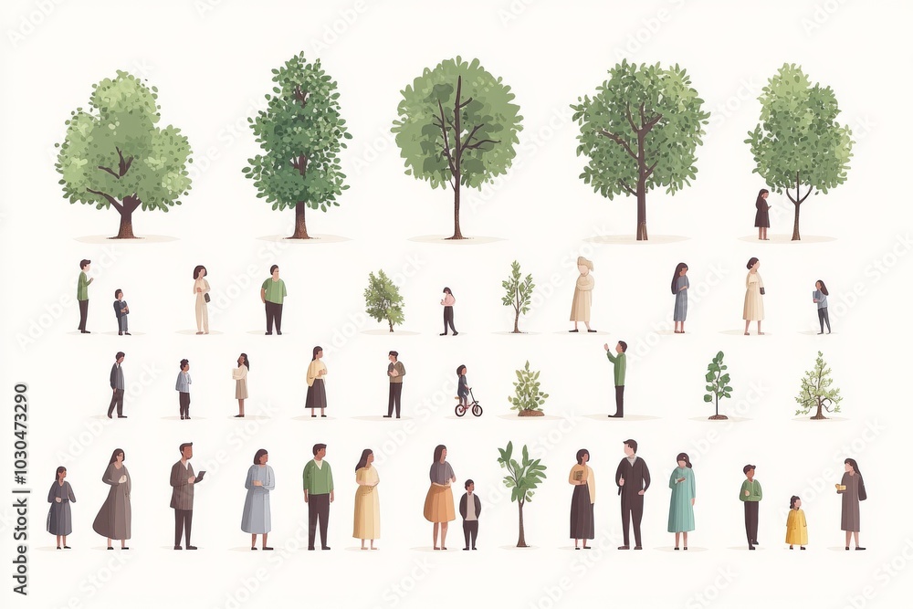 Poster group of people walking through a park with trees symbolizing community movement and connection in a