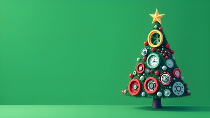 Christmas tree made of car engine parts on a green background, a unique combination of festive and automotive elements.
