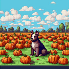  Video game pixelated dog in a field with field of pumpkins vector illustration design