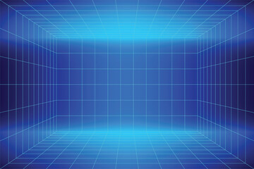 Abstract wireframe with blue grid line. Futuristic perspective grid box. .Retro Futurism Sci-Fi Background. glowing neon grid. and stars from vintage arcade computer games