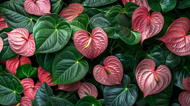 Pink anthurium flowers bloom amidst lush green foliage