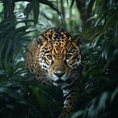 Majestic Jaguar Prowling in a Lush Jungle Under Dappled Light