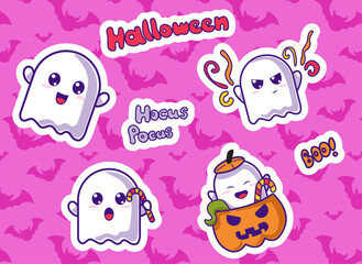 Cute ghost characters sticker set with candy, pumpkins, bats, halloween text, hocus pocus, boo in pink colors in outline style for halloween, decorations, wallpapers
