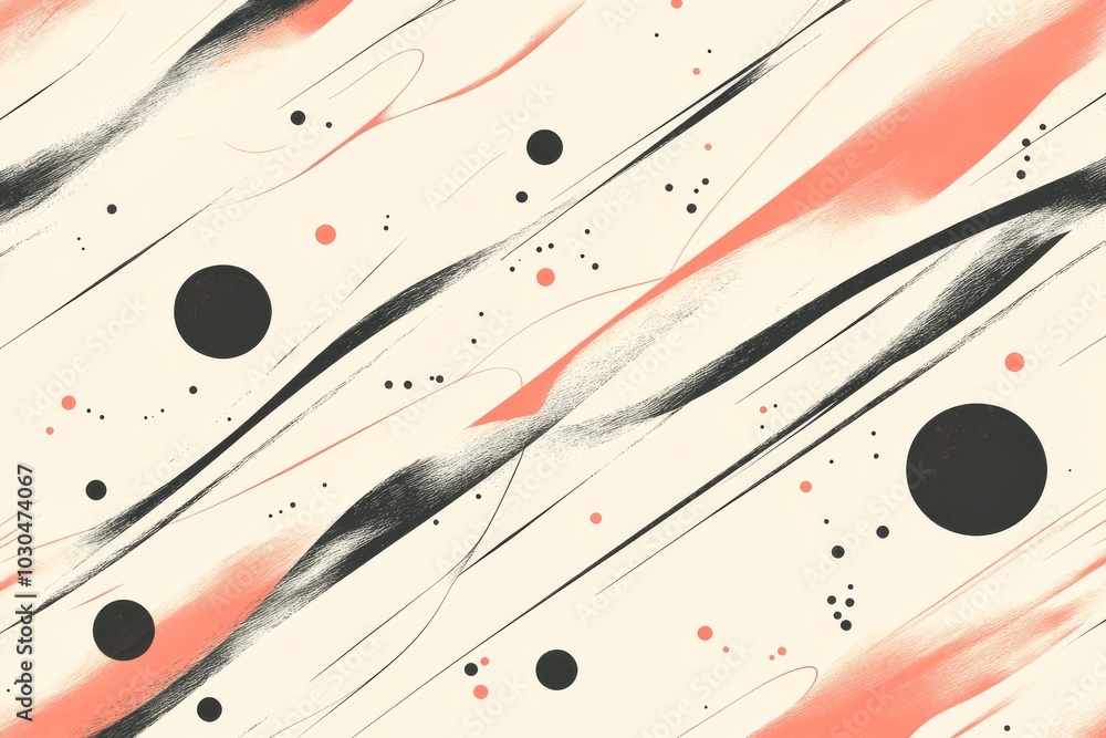 Poster abstract geometric pattern with flowing lines and circular shapes in coral and black symbolizing mov
