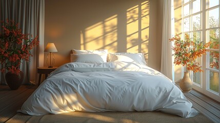 Fototapeta premium A serene bedroom bathed in warm sunlight with blooming flowers by the window in a peaceful setting. Generative AI